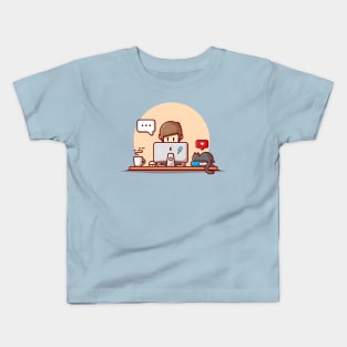 Male Working On Laptop Cartoon Vector Icon Illustration Kids T-Shirt